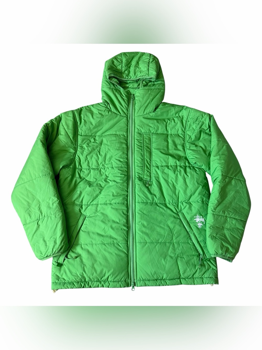 Vintage Stussy Mens Quilted Puffer Jacket W/ Hood Sz L Green Thermolite Full Zip